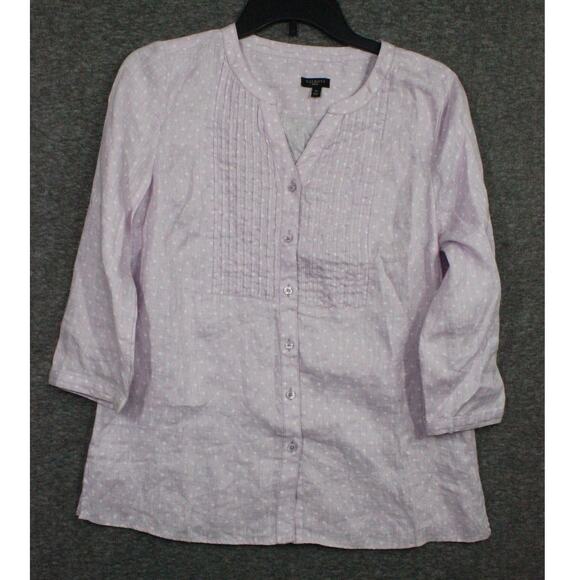 Talbots pintucked Linen top polkadot pink Small petite 3/4 sleeve - Picture 1 of 6